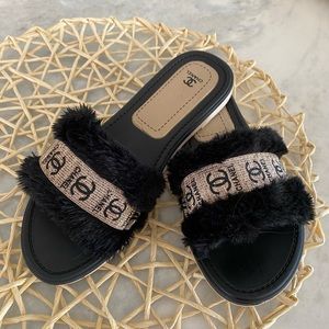 Channel black faux fur sandals